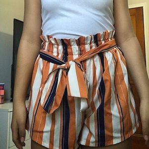 Paperbag Striped Shorts With Belt